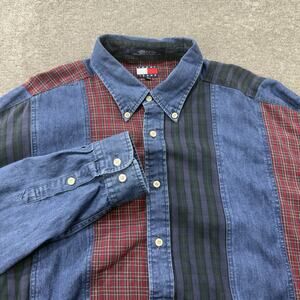 VTG Tommy Jeans Denim Plaid Patchwork Shirt Mens L Y2K Grunge Streetwear Rare